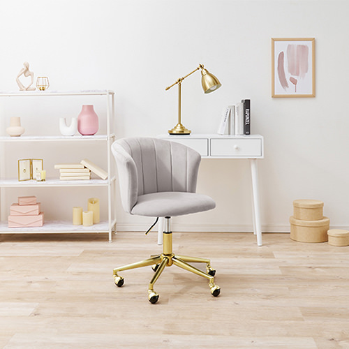 エレガントな ベロア調生地キャスターチェア (ライトグレー)の詳細