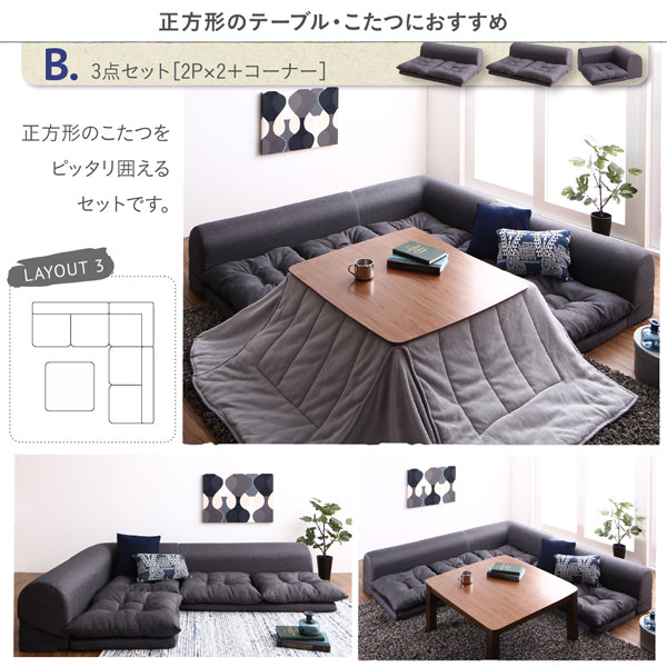 ふかふか寛ぎスタイル レイアウト自在のフロアコーナーソファ 3点